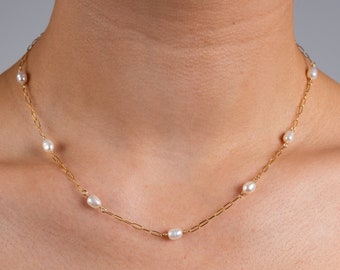 June Birthstone Necklace, Gold Filled Pearl Choker, Pearl Necklace, Dainty Jewelry, Thin Gold Chain, Pearl Station Necklace