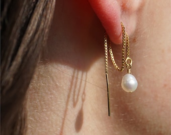 14k Gold Filled Pearl Threader Earrings | by Quinney Collection, Mermaidcore, Coconut Girl