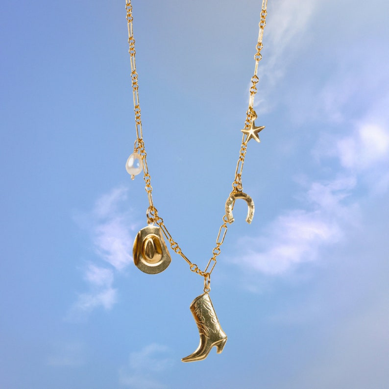 Stampede Charm Necklace by Quinney Collection 14k Gold Filled jewelry. Made in Victoria BC Canada