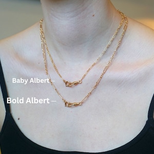 Vintage-Inspired Bold and Baby Versions of our Albert Pocket Watch Chain with Dog Clip - Trendy 14k Gold Filled Necklace with Albert Clasp | by Quinney Collection