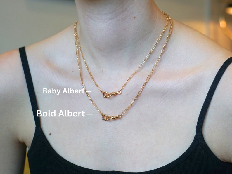 Vintage-Inspired Bold and Baby Versions of our Albert Pocket Watch Chain with Dog Clip - Trendy 14k Gold Filled Necklace with Albert Clasp | by Quinney Collection