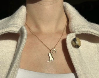 14k Gold Filled Cowboy Boot and Horshoe Charms | Lucky Strides Necklace by Quinney Collection | Western Jewelry