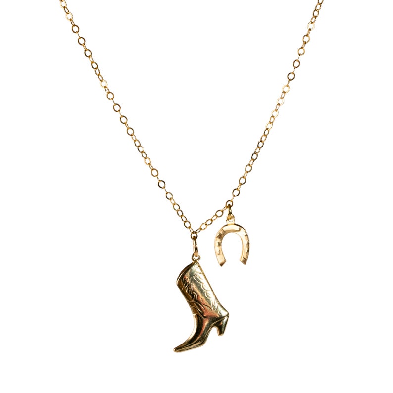 14k Gold Filled Cowboy Boot and Horshoe Charms Lucky Strides Necklace by Quinney Collection Western Jewelry image 4