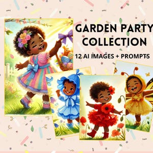 12 のガーデン パーティー クリップアート + プロンプト ガイド - 花に扮したかわいいアフリカ系アメリカ人の子供たち | 商用利用 | PNG ファイル + DALL-E | デジタル ダウンロード