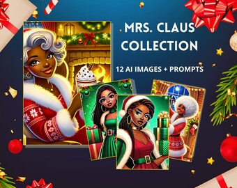 12 African American Mrs. Claus Holiday PNGs  Customizable Prompts for DALL-E & ChatGPT-4 Guide | AI Instructions and Commercial Use Artwork