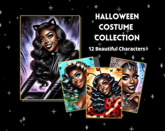 12 Fun Halloween PNG Files | African American Glam AI Prompts for Custom Art | Easy to Use DALL-E + ChatGPT-4 Guide | Commercial Use Rights