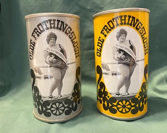 Latas de cerveza coleccionables antiguas de la década de 1970, Olde Frothingslosh de 12 oz en dos colores, parte inferior abierta