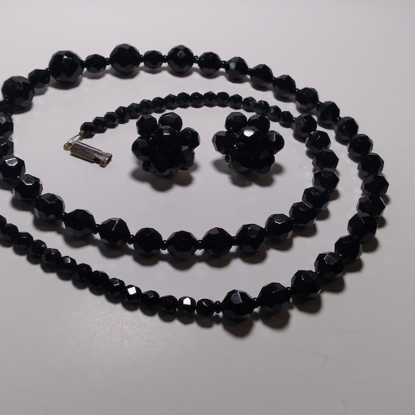 Vintage Faceted Jet Black Glass Bead Necklace and Earring Set