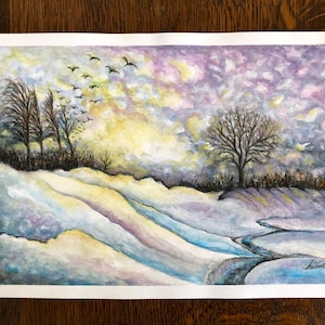 Serena alba invernale - Dipinto ad acquerello originale fatto a mano su carta speciale 29 x 21 cm