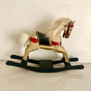 Vintage Wooden Rocking Horse with Real Animal Hair Mane and Tail - 8.7 x 5.5 Inches (22x14 cm)