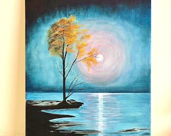paisagem ao luar, pintura a óleo original, pintura à mão, óleo sobre tela esticada