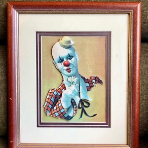Vintage, 3D artwork of a clown with wooden frame 28x32 cm