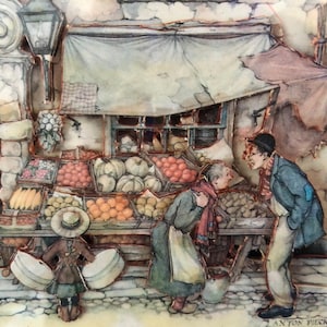 Illustrazione artistica incorniciata di una scena di mercato vintage, realizzata in carta tagliata a mano in 3D, raffigurante il famoso artista olandese "Anton Pieck", guazzo e inchiostro.