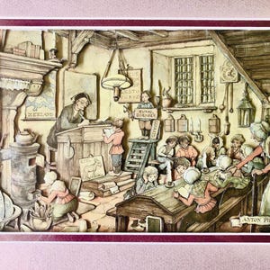 Riproduzione di scena scolastica vintage "Anton Pieck" (famoso artista olandese) ritagliata a mano, in tre dimensioni, su carta, guazzo e inchiostro, con cornice in legno. 30 x 37 cm