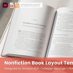 May include: Open book with text about overthinking, with the title "The Hidden Cost of Overthinking." The book is 6x9 inches and designed for Amazon KDP. The cover is a light beige color.