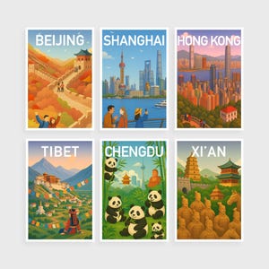 China Travel Postcard Set – Beijing, Shanghai, Hong Kong, Tibet, Chengdu, Xi’an – Illustrated Landmark Postcards, Chinese City Souvenir Gift