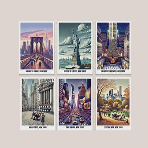 Cartes postales emblématiques de New York - Wall Street, Statue de la Liberté, pont de Brooklyn, Times Square, Central Park - Ensemble de scènes emblématiques de la ville de New York