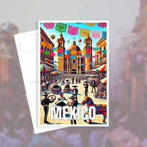 postale de voyage au Mexique | Scènes de fêtes mexicaines animées | postale de carnaval | Carte postale pour les Fêtes Mexique
