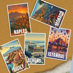 Mediterranean Postcard Set – Istanbul, Naples, Sicily, Athens, Monaco – Illustrated Landmark Postcards, Europe Travel Gift & Souvenir