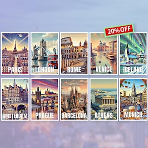 Cartes postales Europe City Travel - Paris, Londres, Amsterdam, Rome, Venise, Florence, Islande, Munich, Barcelone, Athènes, Lucerne, Prague, Madrid