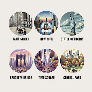NYC Landmark Waterproof Stickers (mini & large) - Wall Street, Statue of Liberty, Brooklyn Bridge, Times Square, Central Park