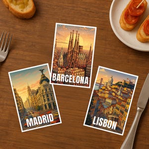 Spain & Portugal Postcard Set – Madrid, Barcelona, Lisbon – Illustrated European City Landmarks Travel Gift