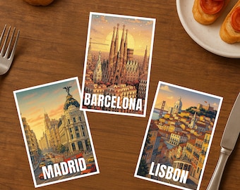 Spain & Portugal Postcard Set – Madrid, Barcelona, Lisbon – Illustrated European City Landmarks Travel Gift
