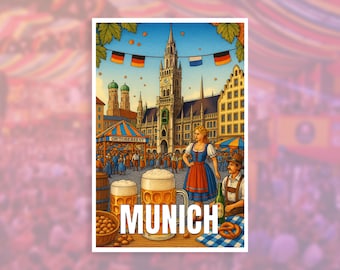 postale de voyage à Munich | postale d'Oktoberfest | Souvenir emblématique de la scène bavaroise | postale d'art de voyage | Ensemble de cartes postales pour toute l'Europe