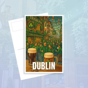Dublin Saint Patrick’s Day Postcard – Irish Holiday Souvenir – Shamrock & Parade Travel Art – St. Paddy’s Day Keepsake