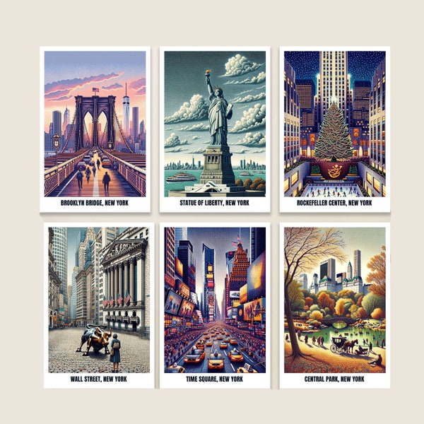 NYC Landmark Postcards - Wall Street, Statue of Liberty, Brooklyn Bridge, Times Square, Central Park - Iconic New York City Scenes Set