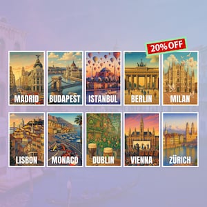 Europe City Travel Postcards - Madrid, Budapest, Istanbul, Berlin, Milan, Lisbon, Monaco, Dublin, Vienna, Zurich, Zermatt, Lucerne