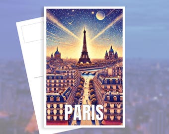 May include: A postcard featuring a digitally painted cityscape of Paris, France, with the Eiffel Tower as the focal point. The word "PARIS" is prominently displayed. The image has a night sky with stars and a crescent moon, and is set against a blurred background.