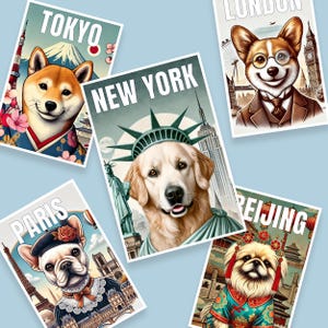de cartes postales pour chiens - Chiens mignons dans des tenues citadines emblématiques | Tokyo, New York, Paris, Londres, Pékin | Cadeau pour amoureux des chiens