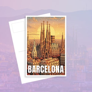 Carte postale de Barcelone - Illustration de voyage de la Sagrada Família - Souvenir d'Espagne - Carte d'art emblématique Gaudí