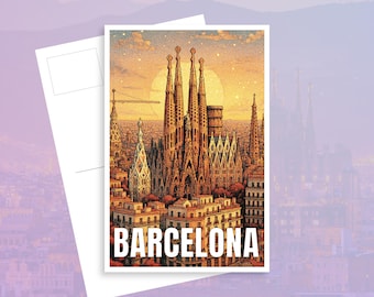 Carte postale de Barcelone - Illustration de voyage de la Sagrada Família - Souvenir d'Espagne - Carte d'art emblématique Gaudí