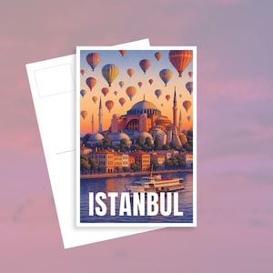 Istanbul Postcard – Hagia Sophia Hot Air Balloons – Turkey Travel Art Print – Vintage Istanbul Souvenir – Bosphorus Skyline Illustration