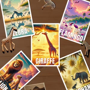 de cartes postales Safari Animal - Animaux mignons dans la nature | Girafe, zèbre, éléphant, lion, flamant rose | Art animalier pour les amoureux des animaux
