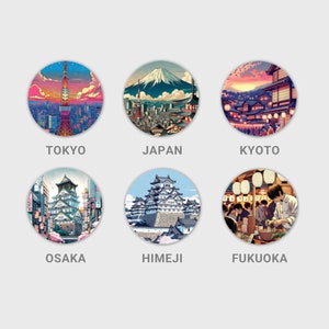 Stickers imperméables (petits et grands) - Tokyo, Osaka, Kyoto, Himeji, Fukuoka | Art emblématique du paysage urbain japonais | Souvenirs de voyage