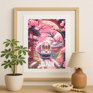 Poster Sakura Japon - Illustration de train en fleurs de cerisier | Impression d'art printanière japonaise, décoration murale esthétique, affiche de voyage, cadeau Japon