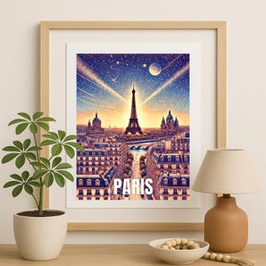 Affiche de nuit étoilée de Paris | affiche de la tour Eiffel | Affiche emblématique de Paris | Art mural rêveur artistique de la tour Eiffel