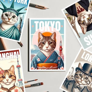 Cat Postcards Set | Waterproof Stickers - Cute Cats in Iconic City Outfits | Tokyo, Shanghai, Paris, New York, London | Cat Lover Gift