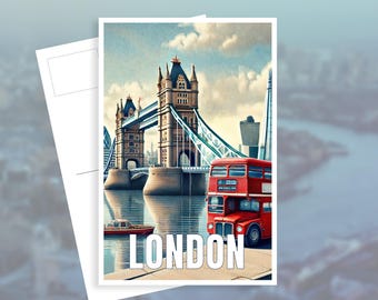 May include: A vintage postcard featuring a red double-decker bus driving past the Tower Bridge in London. The postcard has the word "LONDON" printed in white letters on the bottom.