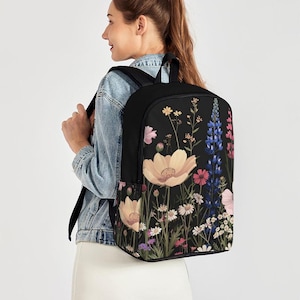 Floral Backpack for School Black Wildflower Book bag Laptop Girl Botanical Backpack for Students Travel Bag for Woman