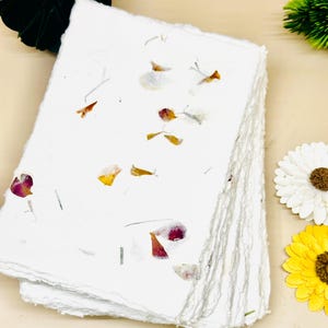 Handgemaakt papier met deckle-rand in bladschaduw met rozen- en goudsbloemblaadjes (pak van 10 vellen) perfect voor kunst en ambacht, huwelijksuitnodigingen