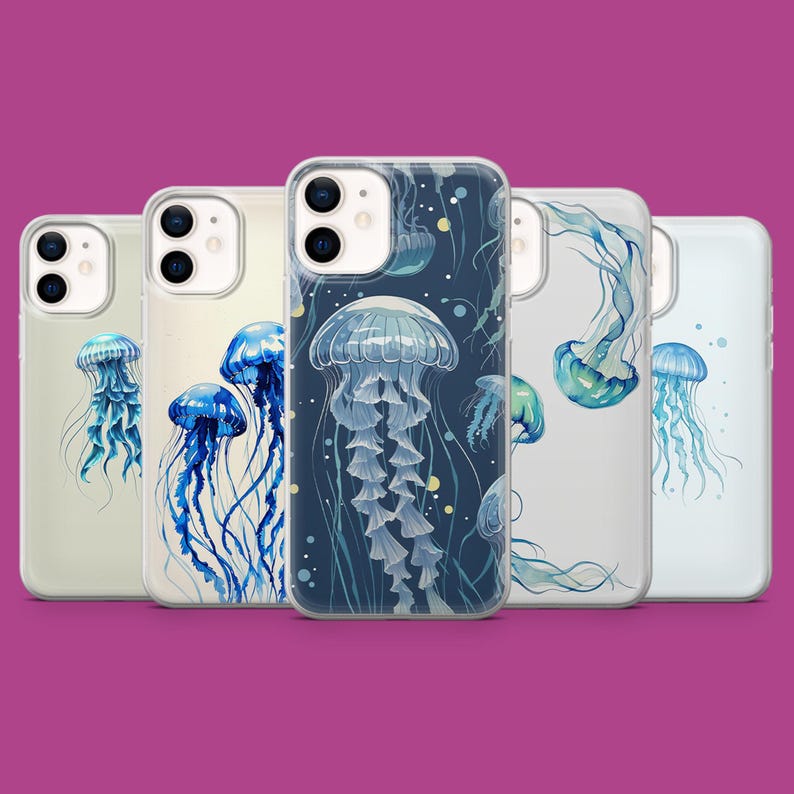 May include: Five different phone cases with a jellyfish design. The cases are clear and show the jellyfish in blue and white colors.