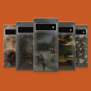 May include: Five different phone cases featuring a variety of artistic designs. The cases are clear, showcasing the designs through the plastic. The designs include a dark sky with clouds, a woodland scene, a river with boats and lanterns, a still life with a skull, and a floral pattern.