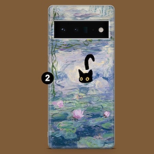 May include: A phone case with a black cat peeking out of a water lily pond. The background is a painting of water lilies in shades of blue, purple, and green.