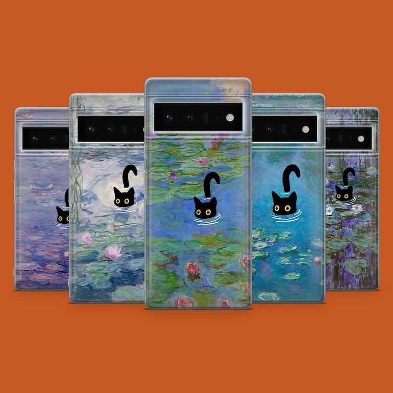 May include: Five phone cases with a water lily pond design and a black cat silhouette swimming in the water. The cases are all different shades of blue and green.