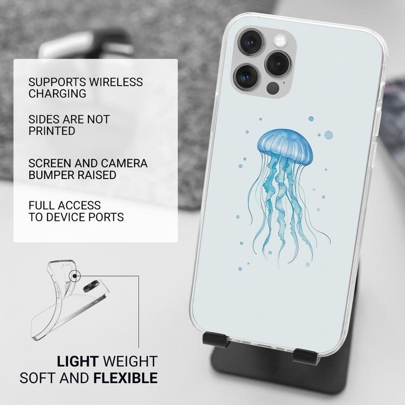May include: A clear phone case with a blue jellyfish design. The case is compatible with wireless charging and has raised edges to protect the screen and camera.