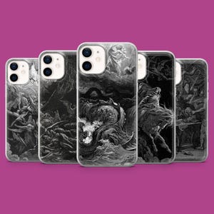 May include: A collection of five phone cases with clear borders, each featuring a different black and white illustration. The artwork depicts scenes of angels, demons, and mythical creatures, creating a gothic aesthetic.